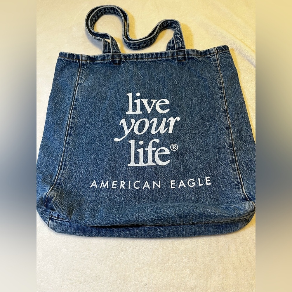 🛍️ American Eagle Denim Tote Bag “Live Your Life” Blue Jean Canvas Shopper